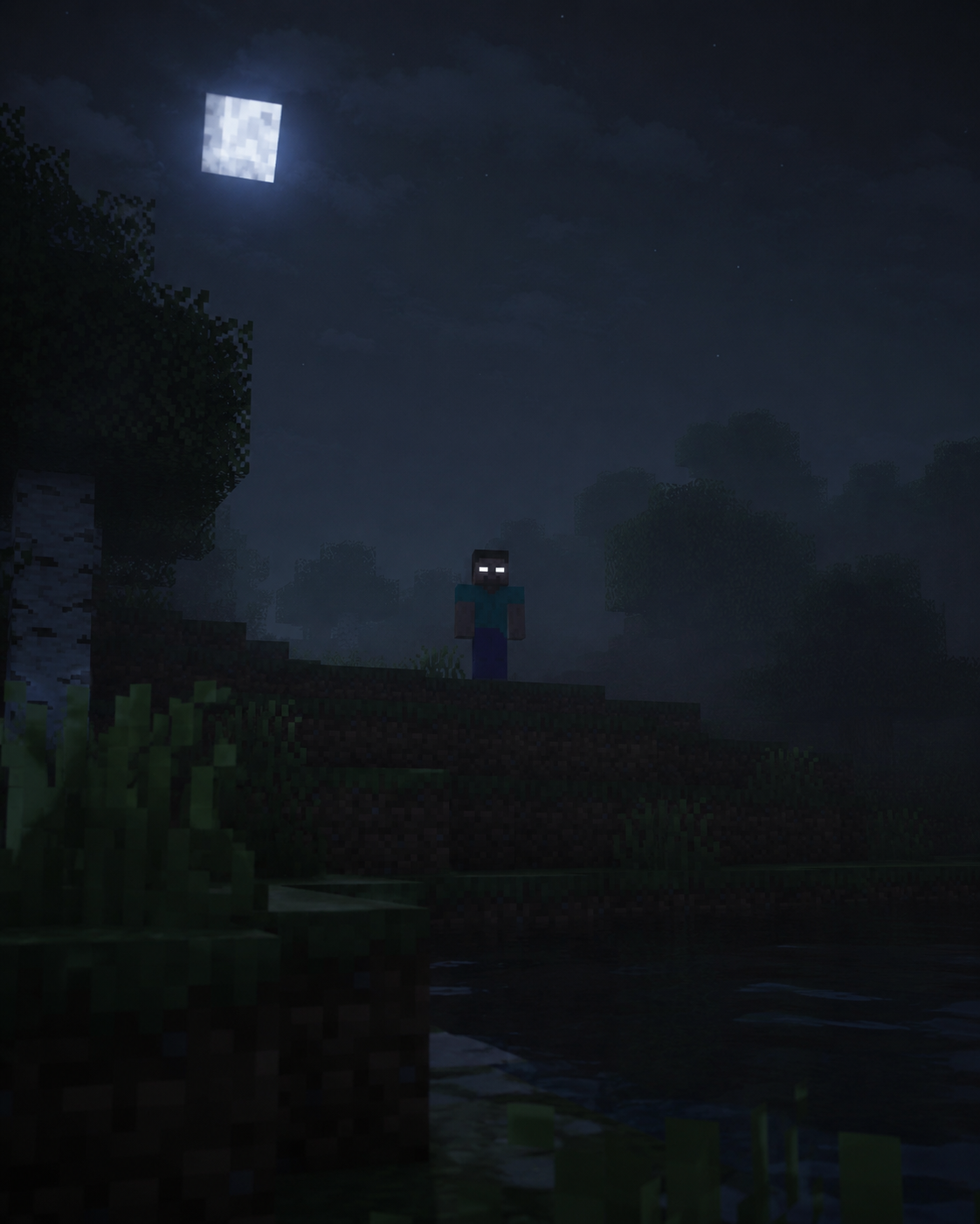 A distant figure with pale eyes standing on a hill under a full moon at night.