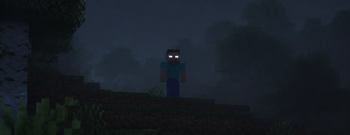 A distant figure with pale eyes glowing in the night.